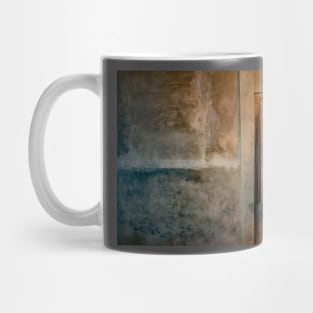 Brown blue grained plastered wall with wooden window. Mug